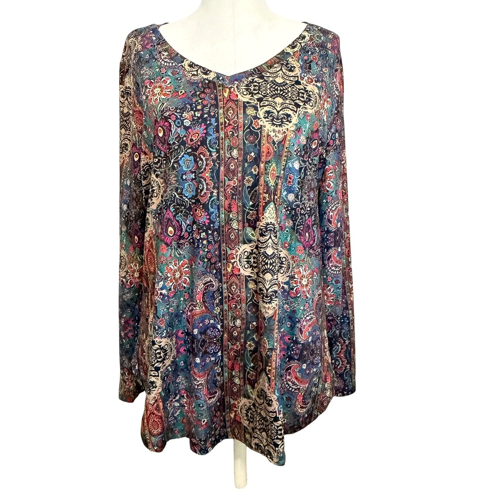 New Women Long Sleeve V-Neck Tunic Top Boho Paisley Floral Print Multi Color L
